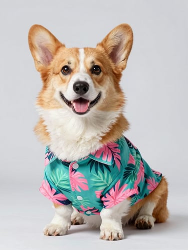 Eye-level bright studio photography, soft natural daylight, a happy fluffy Pembroke Welsh Corgi wearing a vibrant handmade teal and pink tropical shirt, sitting joyfully against a clean light grey background, sharp focus, shallow depth of field.