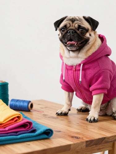 Candid eye-level shot of a Mexican family workshop in Celaya, colorful fabrics and threads on a wooden table, a happy pug wearing a customized magenta hoodie sitting nearby, bright daylight