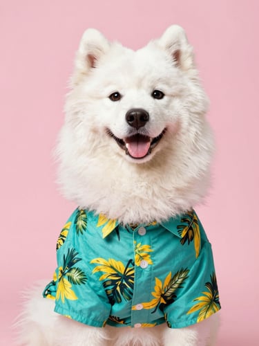 Bright eye-level portrait of a happy fluffy Samoyed dog wearing a vibrant teal and yellow tropical shirt, clean soft pink background, high-key studio lighting, sharp focus