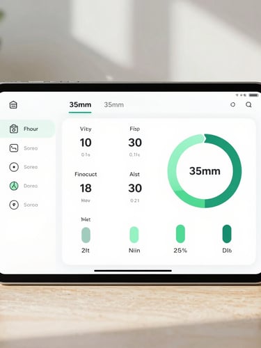 Crisp UI mockup on a modern Android device showing a clean performance dashboard with bright natural daylight and soft shadows, 35mm