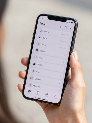 Over-the-shoulder view of a hand holding a modern Android phone displaying a clean, high-contrast user interface with large touch targets. Bright natural daylight, crisp details, soft shadows.