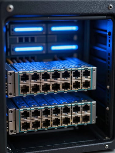 Macro shot of physical server infrastructure with sharp neon blue screen-glow highlights, focus on clean ethernet routing