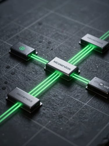 High-fidelity system architecture diagram showing microservices connected by a clean data bus, glowing green lines on a dark slate grid background