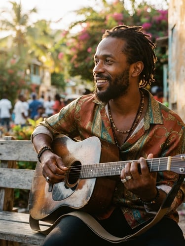 Portrait de trois-quarts d'un musicien de la diaspora afro-caraïbéenne sous une lumière dorée de fin d'après-midi, tons chauds, grain argentique, esthétique haut de gamme