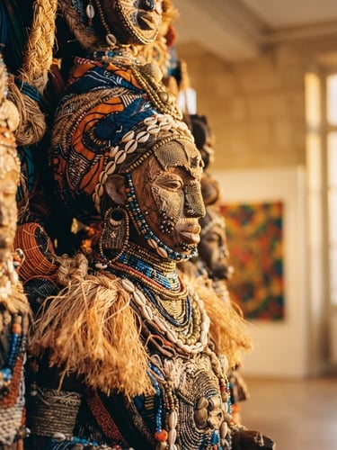 Elegant close-up of a contemporary Afro-Caribbean art installation under warm golden-hour Parisian sunlight, shallow depth of field, prestigious exhibition style