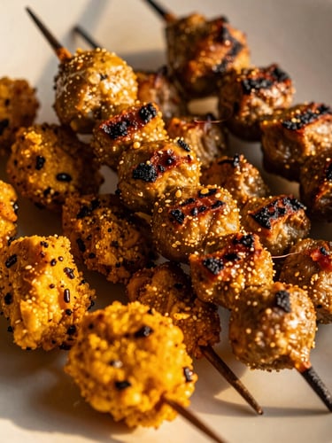 Close-up of a beautifully styled plate of grilled Congolese brochettes with golden chikwanga, rich textures, warm golden-hour lighting, 35mm editorial photography
