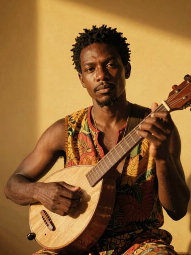 Refined portrait of a contemporary Afro-Caribbean artist holding a traditional string instrument, warm golden-hour studio lighting, rich shadows, 35mm
