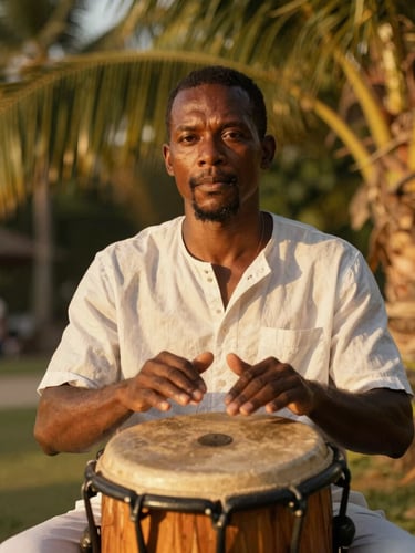 An elegant portrait of an Afro-Caribbean male musician playing a traditional percussion instrument under golden-hour sunlight, warm tropical tones, editorial photography