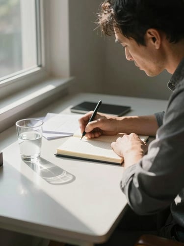Environmental wide shot — a person in their mid-forties seated at a small desk near a sunlit window, writing in an open notebook, morning light casting long soft shadows across the desk surface, a half-filled glass of water and a few loose papers nearby, unhurried and still