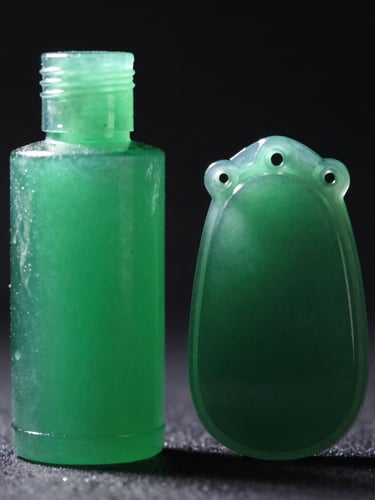 Macro studio shot of a translucent green resin bottle next to a high-detail printed resin pendant model, sharp emerald-tinted edge lighting, deep shadows