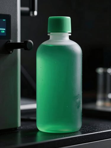 Macro studio shot of a translucent green resin bottle next to laboratory liquid chromatography equipment, dramatic lighting with emerald green accents