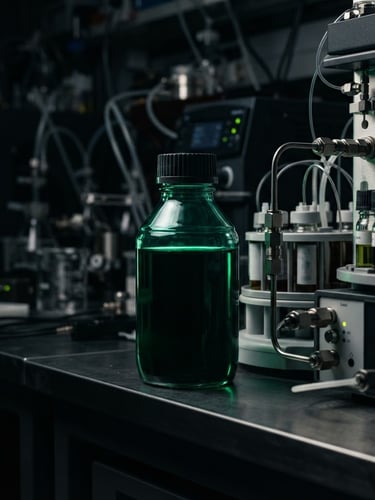 Macro studio shot of a translucent green resin bottle next to liquid chromatography laboratory equipment, dramatic low-key lighting with sharp emerald edge highlights