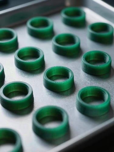 Extreme macro shot of multiple green resin printed ring models arranged on a cleanroom laboratory tray, sharp emerald edge lighting, high-contrast details.