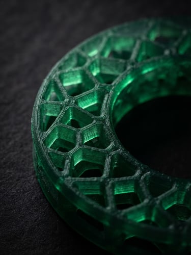Macro studio shot of a translucent green 3D printed resin ring pattern, showing precise micron-level layer lines, dramatic low-key lighting with sharp emerald edge highlights on a dark charcoal background.