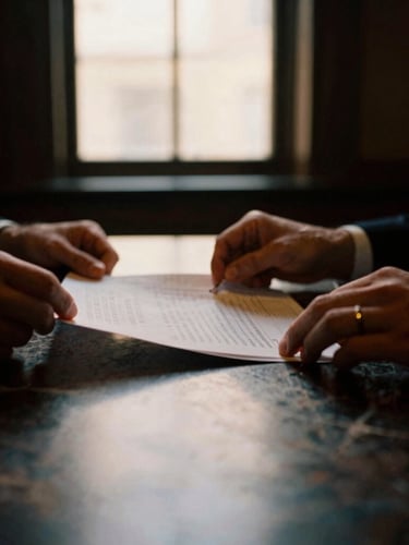 Extreme close-up of hands reviewing financial documents on a dark marble boardroom table, warm directional window light, 35mm film