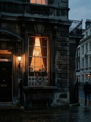 Moody editorial photography of a classical London Mayfair stone facade, dramatic low-key window light, deep charcoal tones with warm gold highlights, architectural framing, 35mm film.