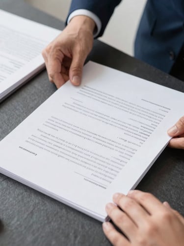 A clean editorial photograph of hands organizing official legal documents on a dark slate desk, soft natural office lighting, sharp focus, 35mm
