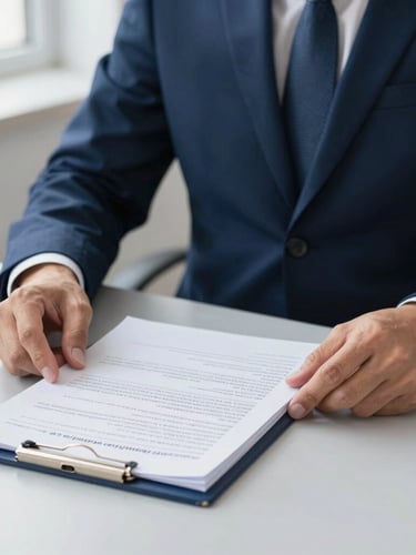 Medium close-up of a professional advisor in a navy suit organizing official documents on a clean slate-gray desk, soft natural light, focused and organized.