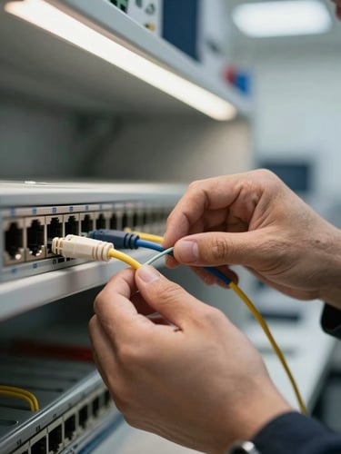 Tight close-up of technician hands connecting a fiber optic cable into a network switch port, overhead shop lighting, blurred office background, no faces visible