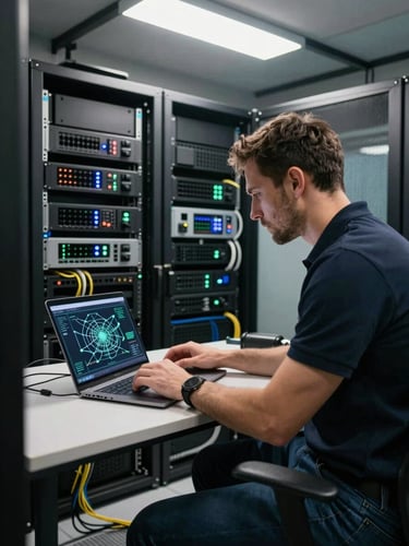 Wide shot of a technician reviewing a network diagram on a laptop at a desk inside a small server room, installed rack behind them, overhead fluorescent lighting, cables visible on the floor