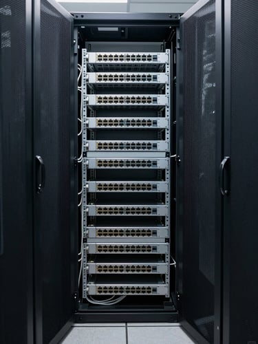 Wide environmental shot of an office server room with installed rack-mounted network switches and patch panels, overhead fluorescent lighting, cable management visible, no people present, taken from the doorway to show full context and scale