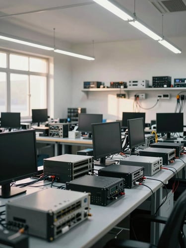 Wide shot of a tidy technical workshop interior, rows of networking equipment and monitors on workbenches under bright overhead shop lighting, cables organized on the right wall, no people, natural daylight from a side window casting soft shadows on the equipment