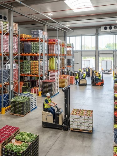 Wide shot of a modern, organized cold-storage facility with pallets of fresh produce, bright natural daylight, sharp focus, professional logistics and agriculture