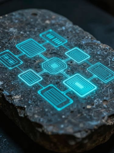 Macro close-up of an ancient stone tablet with glowing cyan digital wireframes projected onto its surface, dramatic chiaroscuro lighting, cold cinematic tones.