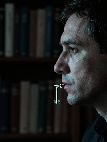High-contrast portrait of a writer in a dimly lit study, bookshelves fading into deep shadows, cold silver key light highlighting their profile.