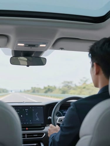 An over-the-shoulder view from the back seat of a clean modern vehicle interior, showing a professional driver navigating a calm highway in bright natural daylight, soft light blue tones.