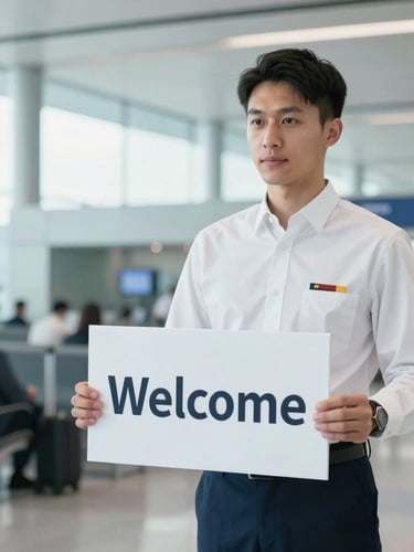 A professional, neatly dressed chauffeur in a crisp white shirt holding a clean welcome sign at a bright, modern airport arrivals terminal, soft light blue tones, professional focus, 35mm.
