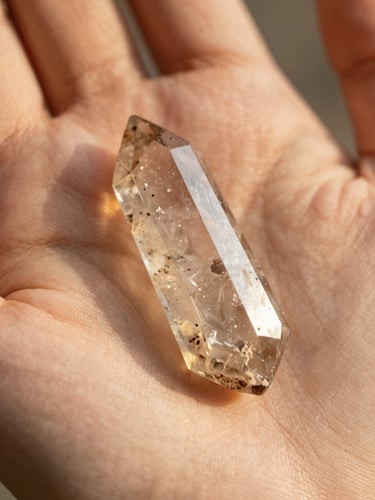 A macro close-up of a hand gently holding a raw, unheated amethyst crystal pendant, warm golden hour sunlight casting soft shadows across the skin.