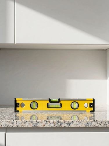 Symmetrical straight-on view of a modern kitchen cabinet installation, a spirit level resting on the perfectly flat granite countertop, crisp natural daylight, sharp focus, 35mm.