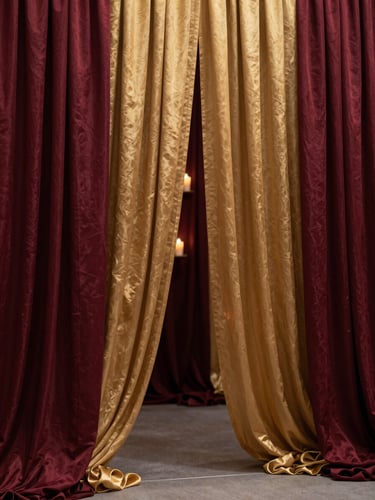 Close-up environmental shot, left-edge bleed, of a richly draped burgundy and gold fabric installation mid-event — cascading silk panels framing a mandap entrance, warm ambient candlelight catching the textile weave, no people, full height