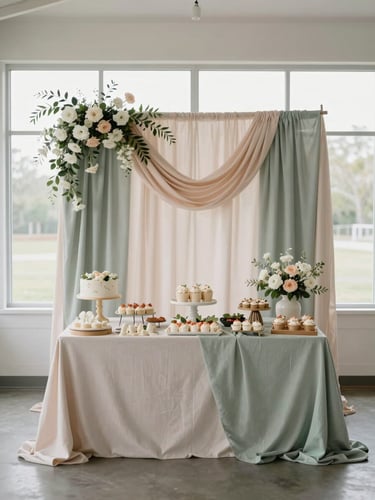 Baby shower venue setup, soft sage and blush draped fabric backdrop behind a dessert table, delicate floral garlands in white and pale peach hanging overhead, north-facing window light illuminating the full room composition