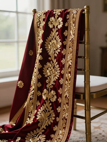 Close-up portrait of richly embroidered deep crimson and gold fabric draped over a brass rental chair at a wedding ceremony — natural north-facing window light revealing the textile weave and thread detail, no people, editorial stillness