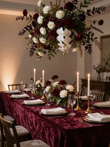 Intimate birthday celebration tablescape, jewel-toned velvet linens and brass candle holders on a long table, overhead floral installation in deep burgundy and ivory blooms, warm ambient lighting from the left
