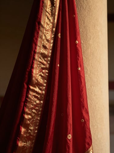 Close-up of richly draped crimson and gold silk fabric cascading from a mandap column, soft golden ambient light catching the textile weave, right-frame composition with deep shadow on the left edge