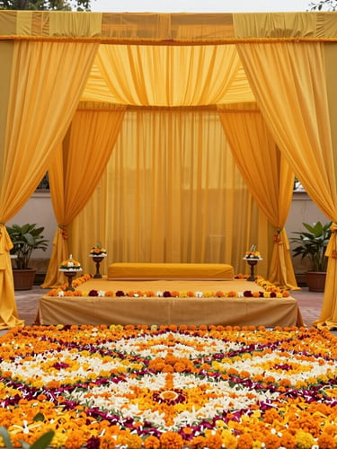 Outdoor Haldi ceremony setup, turmeric-yellow draped fabric canopy over a low floral platform, marigold petal arrangements on the ground in geometric patterns, north-facing daylight casting soft even illumination across the textile detail