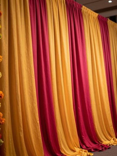 Close-up of a Sangeet stage installation, vibrant marigold and fuchsia floral curtain backdrop, warm stage lighting illuminating draped fabric panels in saffron and deep magenta, wide room visible in soft focus behind