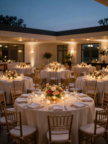 Panoramic reception ballroom setup at twilight, round tables dressed in ivory linens with jewel-toned floral centerpieces, ambient candlelight and warm pendant lighting casting a golden glow across the full room