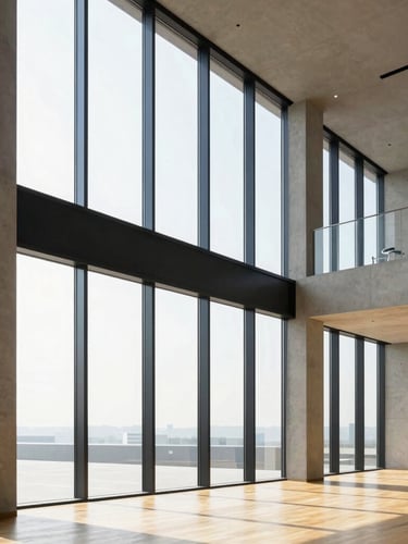 Minimalist modern concrete office building interior with sharp geometric lines and bright diffused daylight streaming through high glass panels, clean architectural perspective.