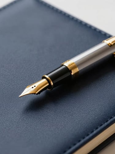 Macro photograph of a heavy gold fountain pen resting on a dark navy leather-bound legal contract, dramatic side lighting, architectural shadows, 35mm lens, corporate editorial style.