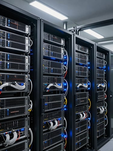 Wide environmental shot of a dense GPU server rack inside a real data center, rows of NVIDIA cards stacked in chassis under cool fluorescent overhead lighting, cables bundled and routed along cable management arms, steel-blue indicator LEDs glowing softly in the background, no people