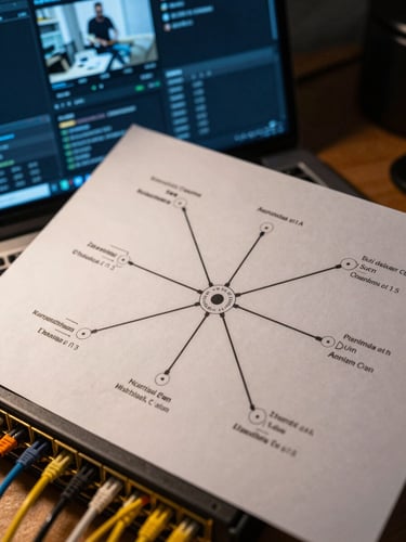 Close-up overhead shot of a network topology diagram printed on matte paper, overlaid with a live monitoring dashboard on a dark terminal screen, fiber optic junction box visible at the bottom edge, cool blue screen glow mixing with warm desk lamp, sharp focus on connection node labels