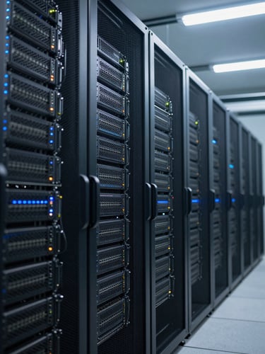 Wide shot of a dense GPU server rack corridor in a live data center, rows of A100 and H100 cards with indicator lights visible, cool blue-white overhead fluorescent lighting, shallow depth of field pulling focus to the nearest node