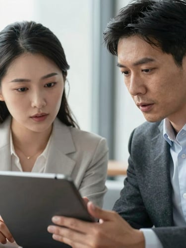 A tight, candid medium-close up of two professionals in deep discussion over a tablet screen, natural morning light, focused expressions, clean professional attire.