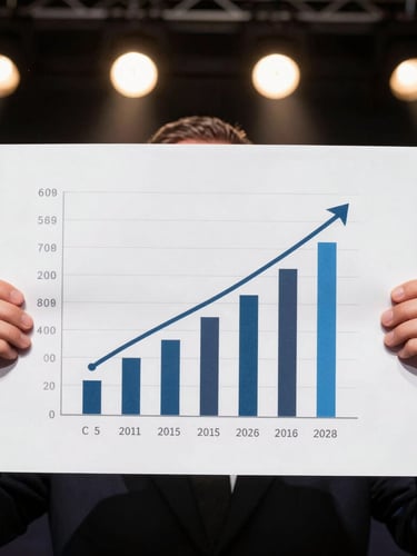 A close-up, high-contrast photograph of a founder presenting a growth chart on stage, sharp focus, dramatic warm spotlights, professional atmosphere.