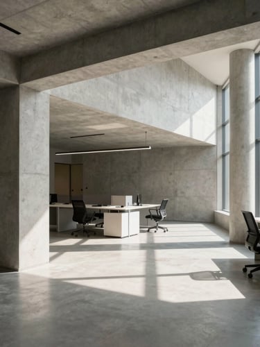 A wide, structured environmental shot of a minimalist, sunlit corporate workspace in Bhubaneswar, featuring clean lines, architectural concrete, and bright natural daylight with sharp shadows.