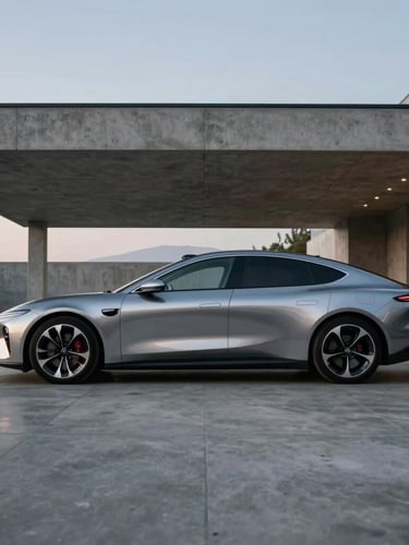 Wide-angle side view of a luxury electric sedan parked in a minimalist concrete carport of a modern architectural home, overcast cool evening light, high-contrast metallic reflections.